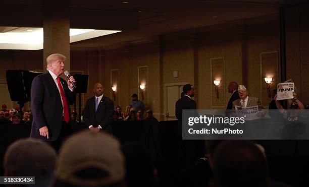 Donald Trump speaks during a campaign rally at Radisson Paper Valley Hotel in Appleton, Iowa, United States on March 30, 2016.
