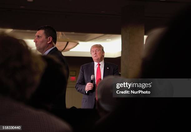 Donald Trump speaks during a campaign rally at Radisson Paper Valley Hotel in Appleton, Iowa, United States on March 30, 2016.