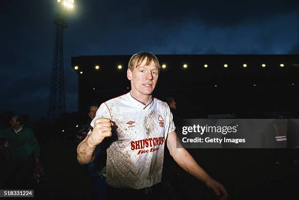 Nottingham Forest player Stuart Pearce celebrates after the Littlewoods Cup Semi-final 2nd leg against Bristol City at Ashton Gate on February 26,...