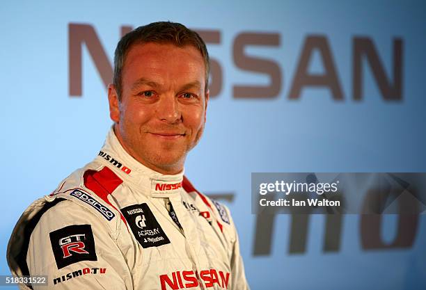 Sir Chris Hoy speaks during a press conference to announce the Algarve Pro Racing Nissan LMP2 driver line-up for Le Mans at the Nissan Innovation...