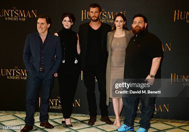 Rob Brydon, Alexandra Roach, Chris Hemsworth, Emily Blunt and Nick Frost pose at a photocall for "The Huntsman: Winter's War" at Claridges Hotel on...