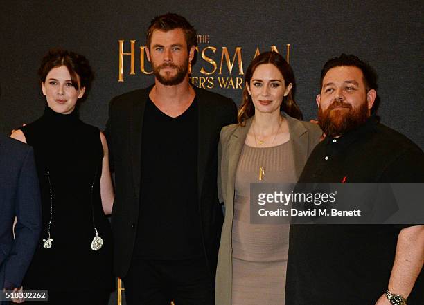 Alexandra Roach, Chris Hemsworth, Emily Blunt and Nick Frost pose at a photocall for "The Huntsman: Winter's War" at Claridges Hotel on March 31,...