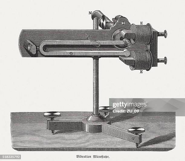 vibration microscope (1860) by helmholtz, wood engraving, published in 1880 - tuning stock illustrations