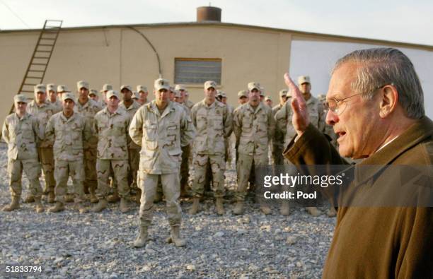 Secretary of Defense Donald Rumsfeld speaks to U.S. Army special operations personnel at the start of his visit to the country December 7, 2004 at...