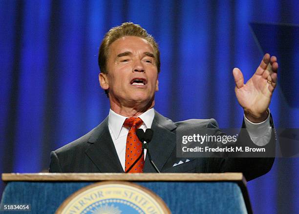 California Governor Arnold Schwarzenegger speaks during the California Governor's Conference on Women and Families at the Long Beach Convention...