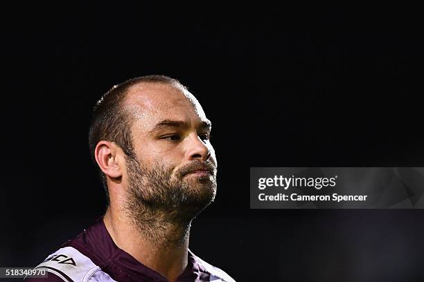 Brett Stewart of the Sea Eagles looks dejected after losing the round five NRL match between the Manly Sea Eagles and the South Sydney Rabbitohs at...