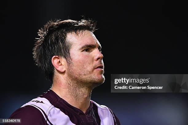 Jamie Lyon of the Sea Eagles looks on after losing the round five NRL match between the Manly Sea Eagles and the South Sydney Rabbitohs at Brookvale...