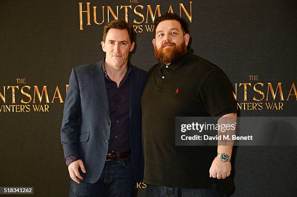 Rob Brydon and Nick Frost pose at a photocall for "The Huntsman: Winter's War" at Claridges Hotel on March 31, 2016 in London, England.