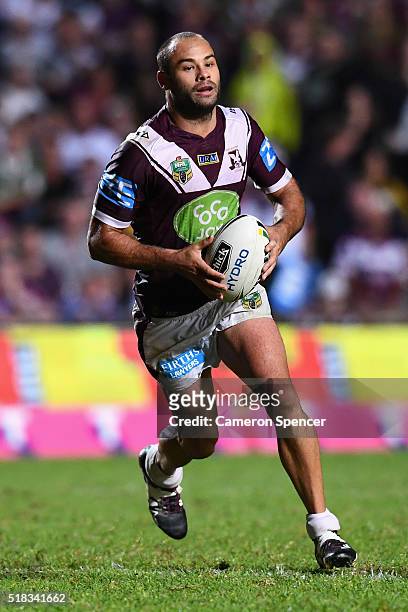 Brett Stewart of the Sea Eagles runs the ball during the round five NRL match between the Manly Sea Eagles and the South Sydney Rabbitohs at...
