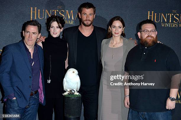 Rob Brydon, Alexandra Roach, Chris Hemsworth, Emily Blunt and Nick Frost attend the photocall for 'The Huntsman Winter's War' at Claridges Hotel on...