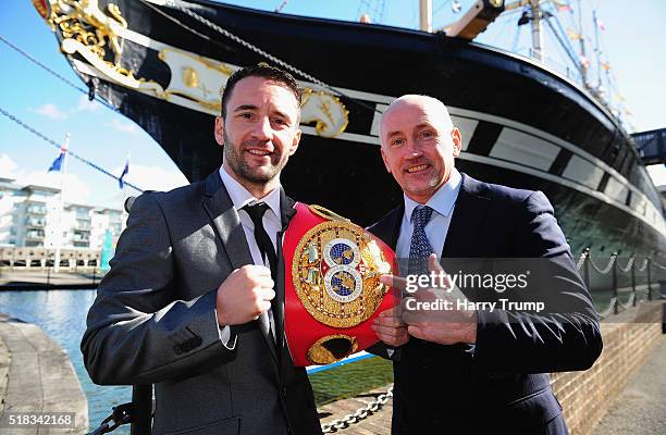 Lee Haskins poses for a portrait alongside Barry McGuigan during a Press Conference at the Great Eastern Hall on March 31, 2016 in Bristol, England.