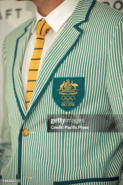 Closeup view of the men's Opening Ceremony Uniform for the 2016 Australian Olympic Team launched in Bondi, Sydney. The iconic Australian lifestyle...