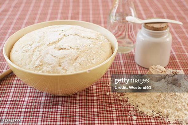 bowl of raw yeast dough and ingredients of yeast dough on cloth - yeast stock pictures, royalty-free photos & images