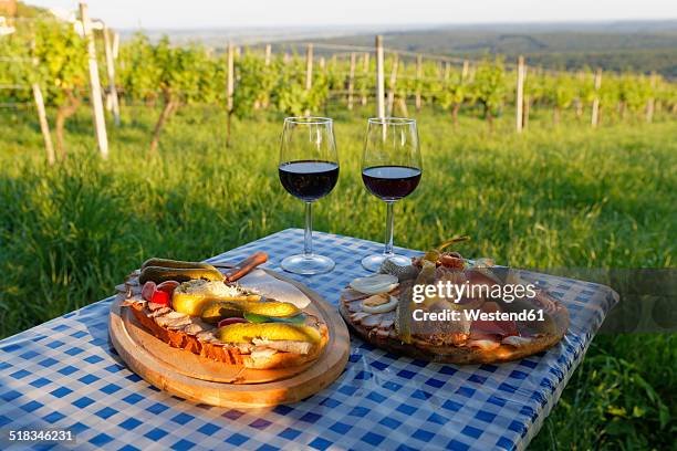 austria, burgenland, oberwart district, eisenberg an der pinka, red wine glasses, caraway roast and vintner-plate on table - cultura austríaca imagens e fotografias de stock