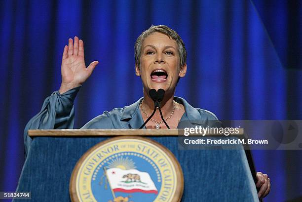 Actor Jamie Lee Curtis speaks during the California Governor's Conference on Women and Families at the Long Beach Convention Center on December 7,...