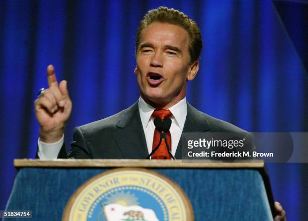 Governor Arnold Schwarzenegger speaks during the California Governor's Conference on Women and Families at the Long Beach Convention Center on...