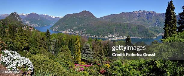 panorama view of lake lugano and campione d'italia - enclave stock pictures, royalty-free photos & images