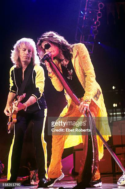 Steven Tyler and Brad Whitford performing with Aerosmith at Madison Square Garden in New York City on August 6, 1997.