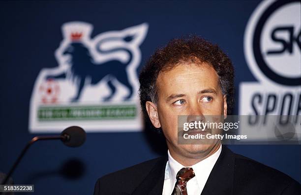 Rick Parry, Chief Executive of the FA Premier League at a press conference ahead of the 1992/93 season, the first FA Premier League season on August...