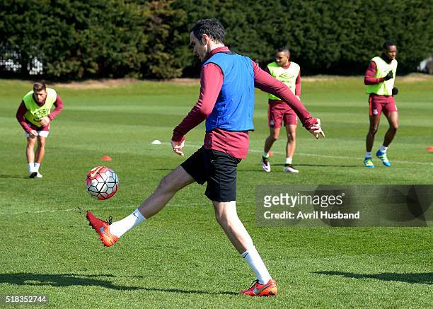 Joey O'Brien of West Ham United in action during training at Chadwell Heath on March 31, 2016 in London, England.