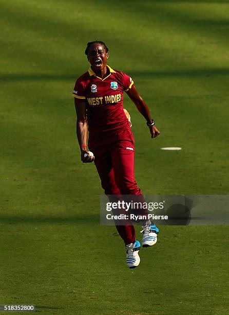 Shaquana Quintyne of the West Indies celebrates after taking a catch to dismiss Suzie Bates, Captain of New Zealand during the Women's ICC World...