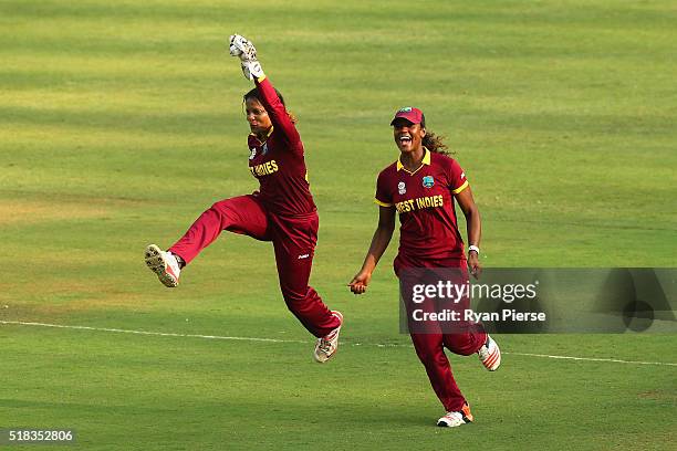 Merissa Aguilleira of the West Indies celebrates victory during the Women's ICC World Twenty20 India 2016 Semi Final match between West Indies and...
