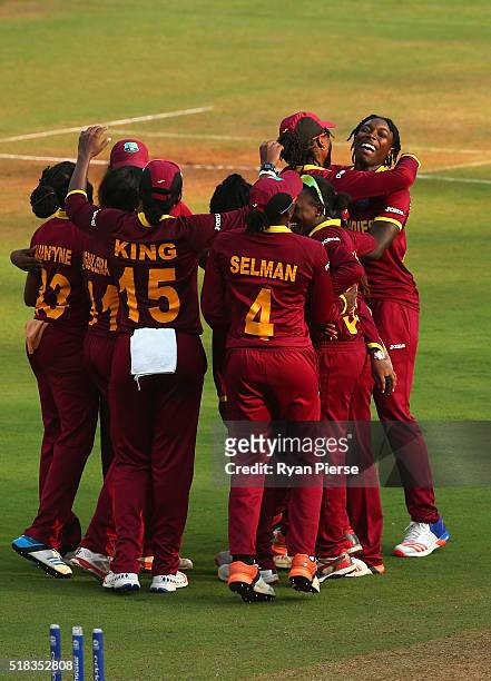 West Indies celebrate victory during the Women's ICC World Twenty20 India 2016 Semi Final match between West Indies and New Zealand at Wankhede...