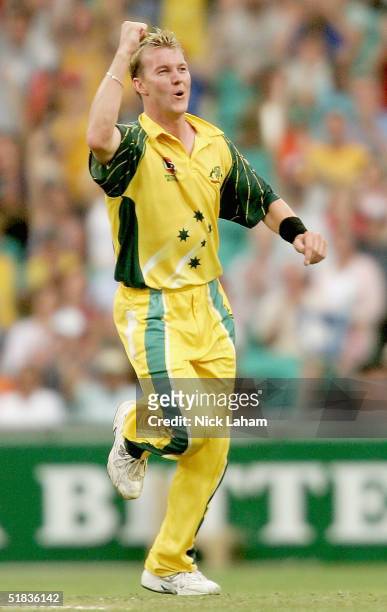 Brett Lee of Australia celebrates taking the wicket of Nathan Astle of New Zealand during game two of the Chappell-Hadlee Trophy between Australia...