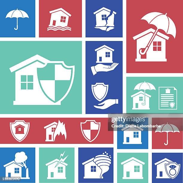 flat geometric homeowners insurance icon set - fallen tree house stock illustrations