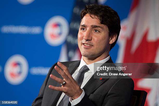 Canadian Prime Minister Justin Trudeau speaks at the U.S. Chamber of Commerce, March 31, 2016 in Washington, DC. Trudeau participated in a panel...