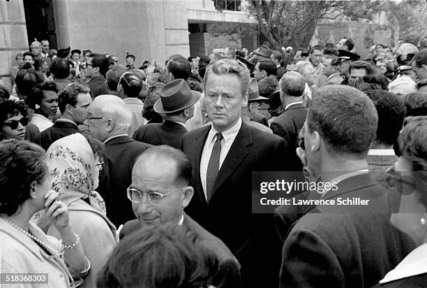 American actor Van Johnson attends a memorial service for producer Mike Todd at Temple Israel of Hollywood , Los Angeles, California, 1958.