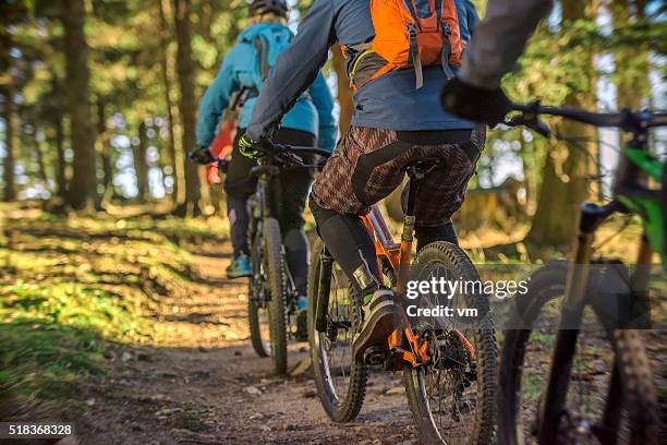 ciclistas dirigindo através da floresta de montanha de - praticando imagens e fotografias de stock