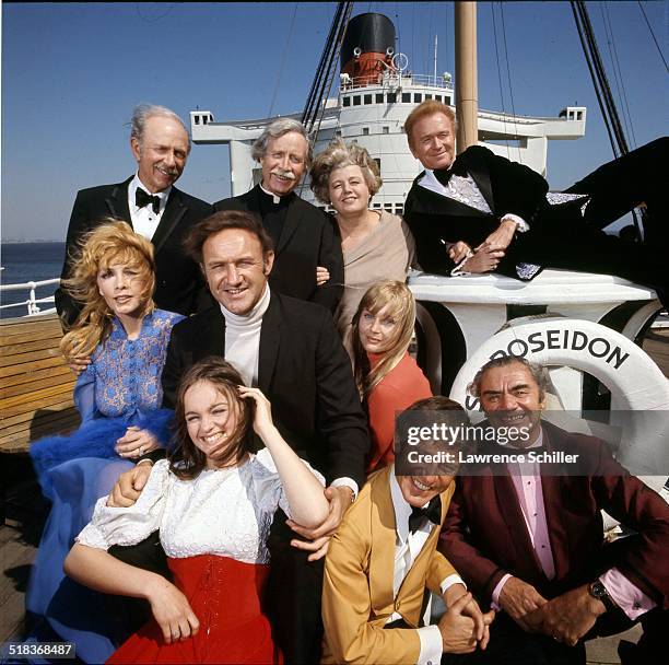 Portrait of the cast of the film 'The Poseidon Adventure' , California, 1972. Pictured are, rear from left, Jack Albertson , Arthur O'Connell ,...