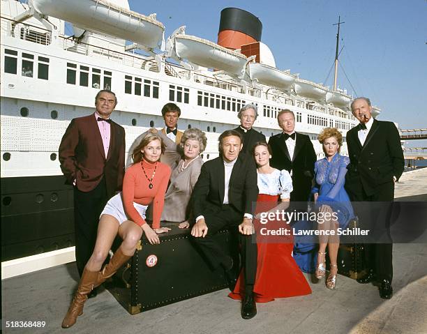 Portrait of the cast of the film 'The Poseidon Adventure' , California, 1972. Pictured are, seated from left, actors Carol Lynley, Shelley Winters ,...