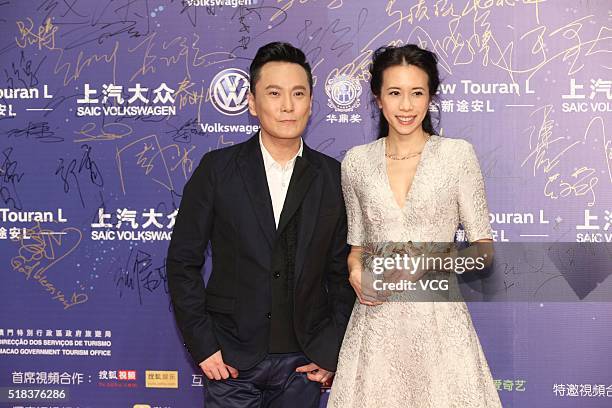 Actress Karen Mok and singer Jeff Chang attend the 18th Huading Awards at Studio City on March 31, 2016 in Macau, Macau.