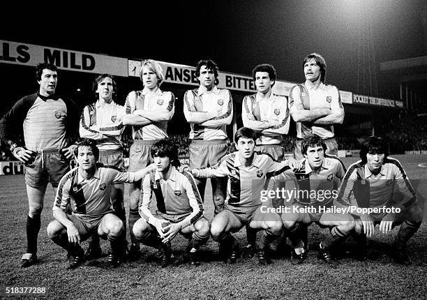 Barcelona football team line up prior to the UEFA Super Cup Final 2nd leg against Aston Villa at Villa Park in Birmingham on the 26th January, 1983....