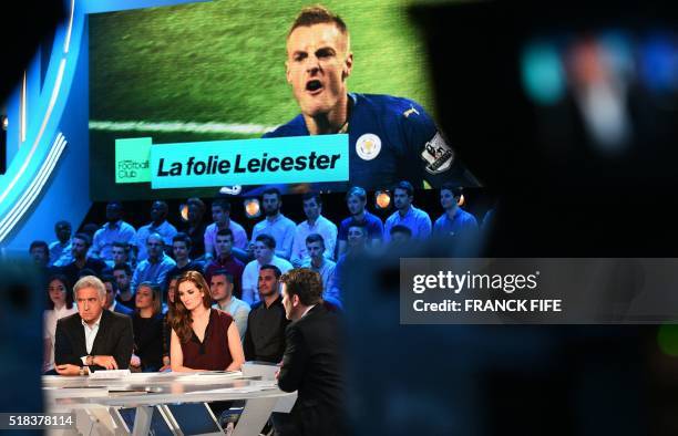 Canal Plus Journalist Marie Portolano gets ready prior to the start of the TV show "Canal Football Club" on March 27, 2016 in Paris.