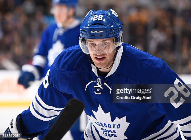Brad Boyes of the Toronto Maple Leafs prepares for a face-off against the Boston Bruins during game action on March 26, 2016 at Air Canada Centre in...