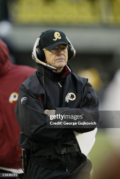 Head coach Joe Gibbs of the Washington Redskins during a game against the Pittsburgh Steelers at Heinz Field on November 28, 2004 in Pittsburgh,...