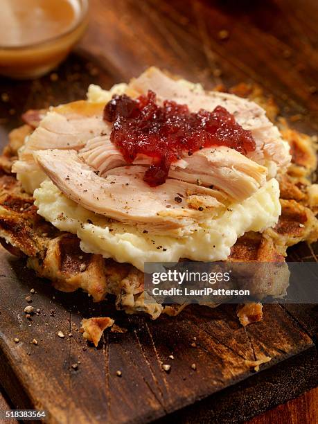 turkey sandwich on a stuffing waffel with mash potatoes - dressings stockfoto's en -beelden