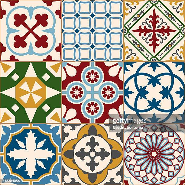 vintage multicolored mosaic porcelain tiles seamless pattern - portuguese tiles stock illustrations
