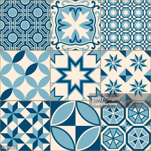 vintage antique blue mosaic porcelain tiles seamless pattern - moroccan tile stock illustrations