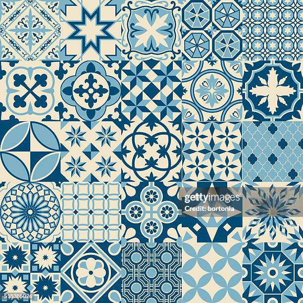 ilustraciones, imágenes clip art, dibujos animados e iconos de stock de azul vintage antiguo de mosaico patrón continuo losa de porcelana - portuguese culture