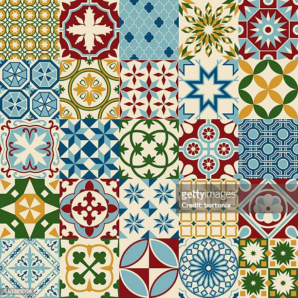 vintage multicolored mosaic porcelain tiles seamless pattern - moroccan tile stock illustrations