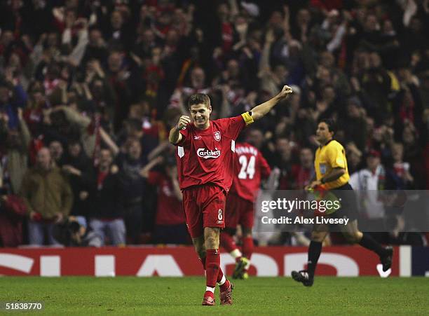 Steven Gerrard of Liverpool celebrates victory over Olympiakos after the Champions League Group A match between Liverpool and Olympiakos at Anfield...