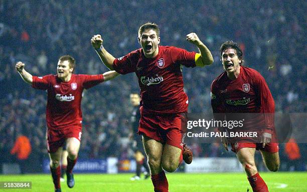 Liverpool's Steven Gerard flanked by John Arne Riise and Harry Kew ll celebrates scoring to make it 3-1 against Olympiakos CFP during their UEFA...