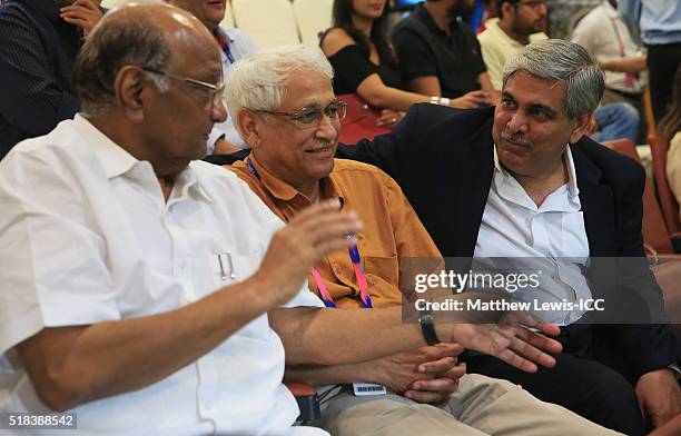 Former Chairman of the BCCI Sharad Pawar talks to Chairman of the ICC Shashank Manoharduring the ICC World Twenty20 India 2016 Semi-Final match...