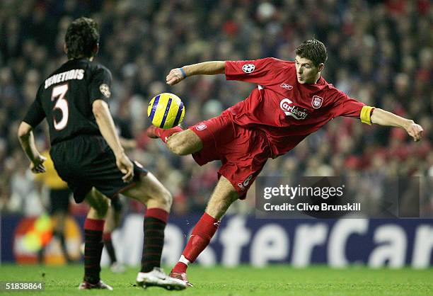 Steven Gerrard of Liverpool shoots only to see his goal dissalowed during the Champions League Group A match between Liverpool and Olympiakos at...