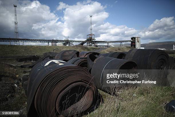 Old conveyor belts lay on the ground near the Tata Steel plant at Port Talbot on March 31, 2016 in Port Talbot, Wales. Indian owners Tata Steel has...