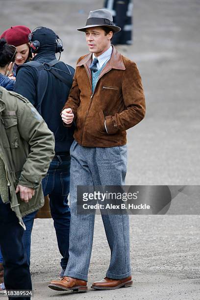 Brad Pitt seen filming scenes for 'Five Seconds Of Silence' in Hampstead on March 31, 2016 in London, England.